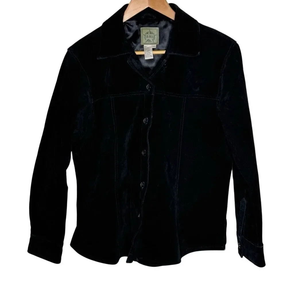 A.M.I. Black Suede Leather Long Sleeve Shirt Jacket Size L Button Up Collared